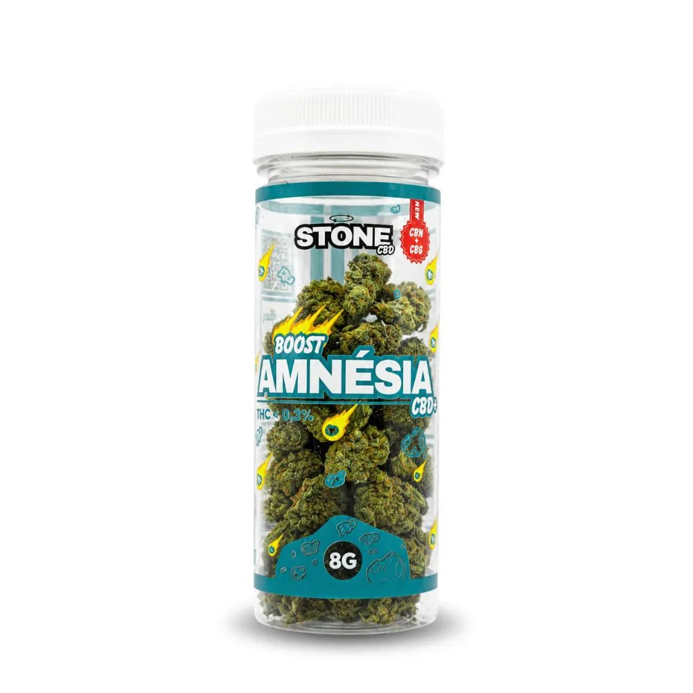 Fleur de CBD Small Bud Amnesia Boost Stone CBD en pot transparent 8G – tête de cannabis CBD premium riche en terpènes, taux THC inférieur à 0,3 %, fleurs CBD légales indoor greenhouse haute qualité