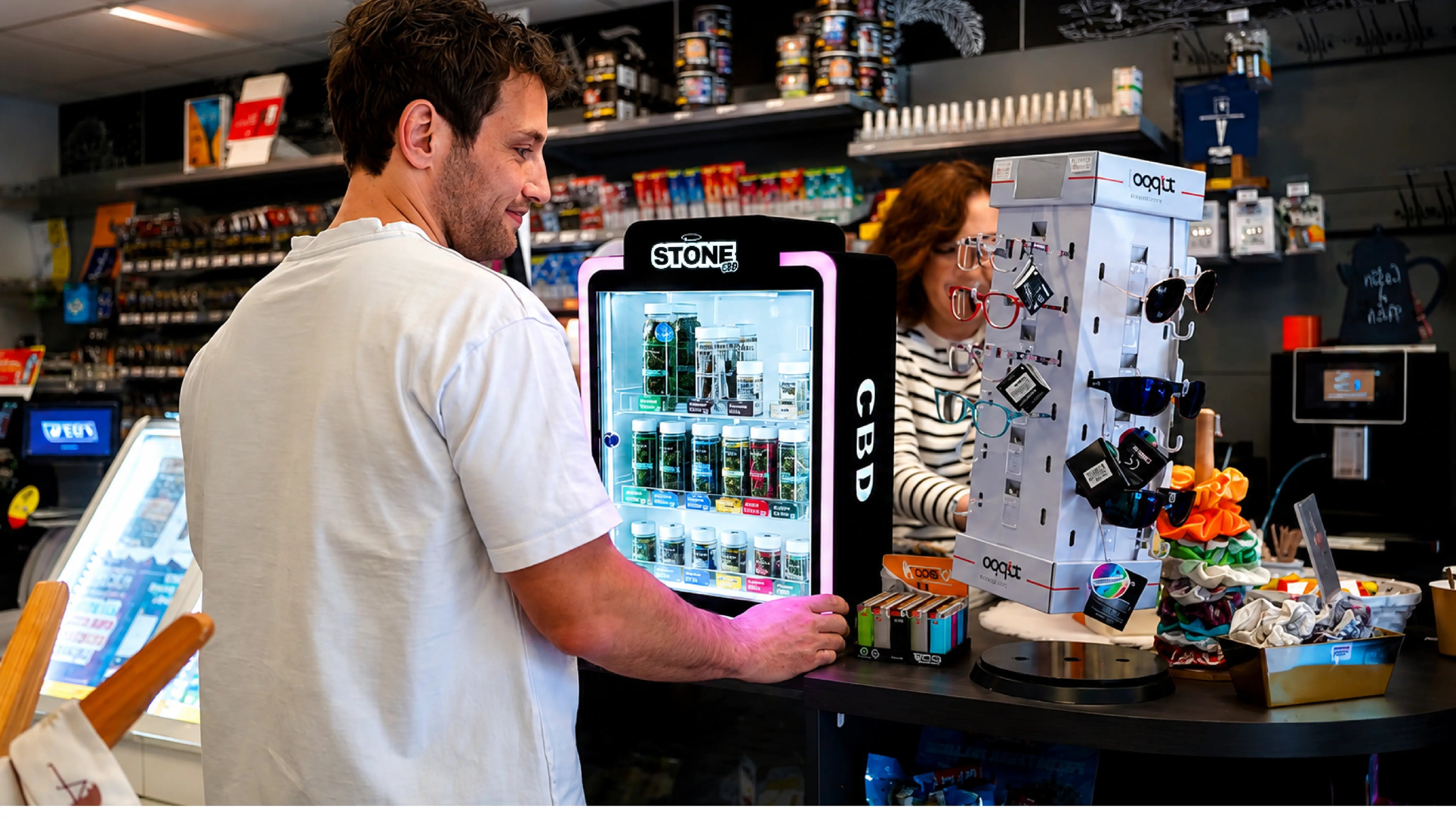 Vitrine Stone CBD en bureau de tabac, présentoir à CBD pour buraliste noir et rose