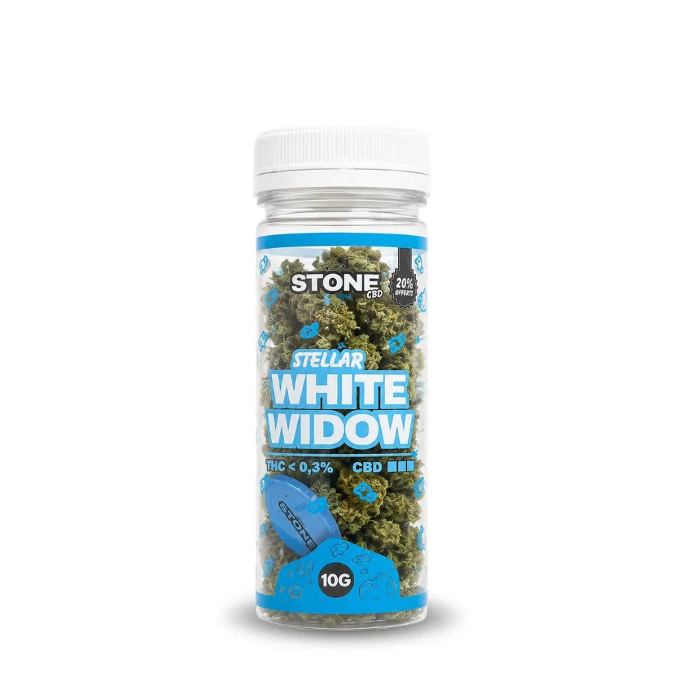 Fleur de CBD Small Bud White Widow Stone CBD en pot transparent 10G – tête de cannabis CBD premium riche en terpènes, taux THC inférieur à 0,3 %, fleurs CBD légales indoor greenhouse haute qualité